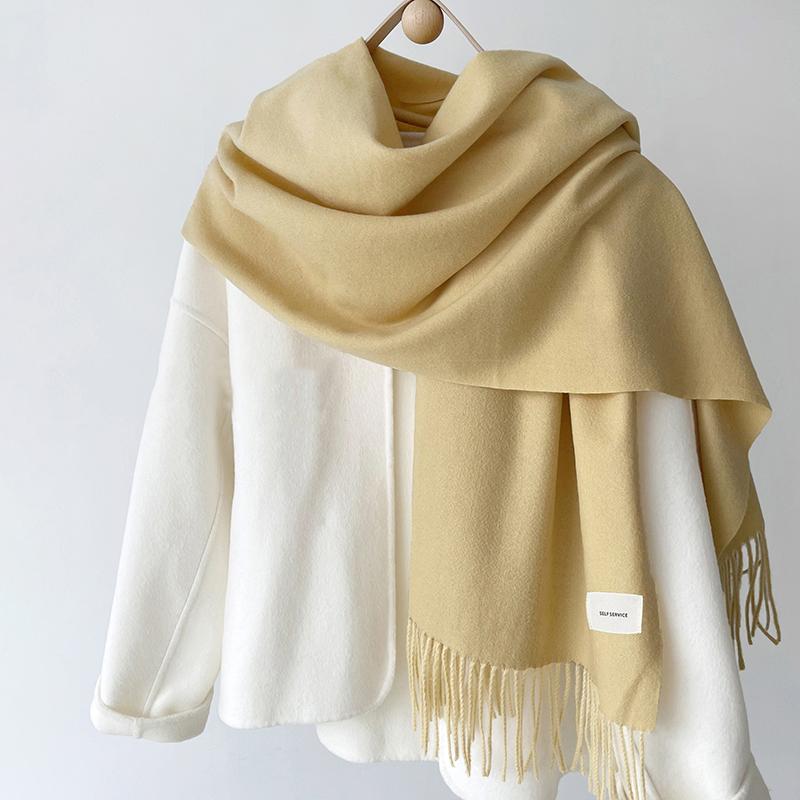 Luna&Dolphin Women Winter Solid Color Scarf Imitation Cashmere Soft Brown White Warm Knitted Woolen Ins Neck Pashmina Big Shawl