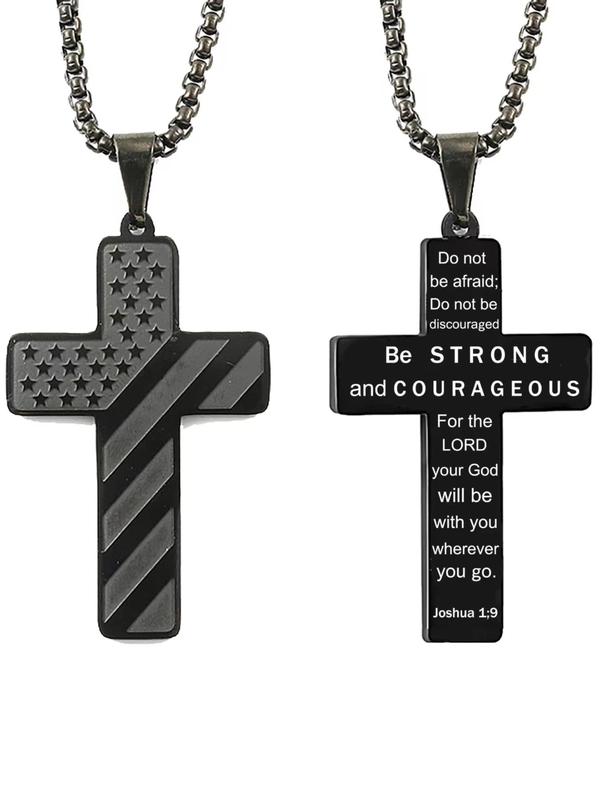 Men's Cross Charm Pendant Necklace, Hip Hop Punk Stainless Steel Vintage Jewelry, Trendy All-match Flag & Letter Detail Streetwear Accessories