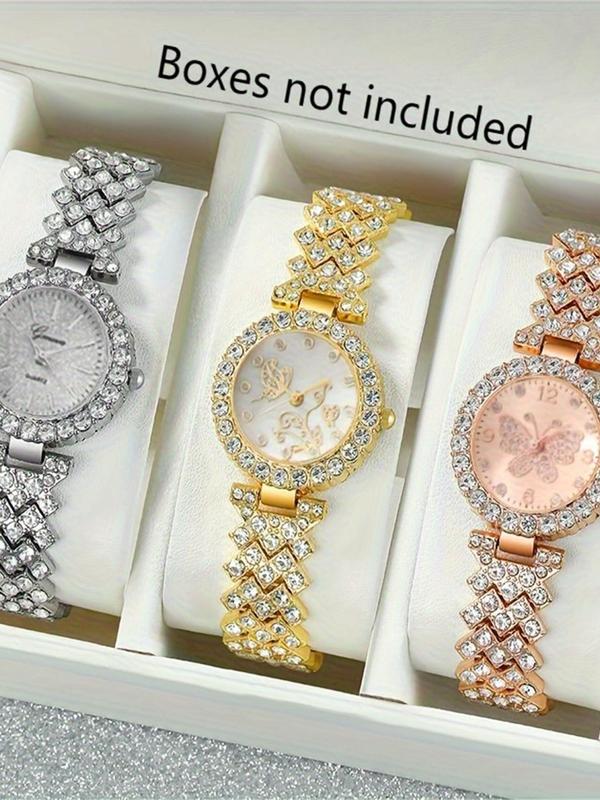 Women's Elegant Rhinestone Decorated Quartz Watch Set, Fashionable Round Dial Analog Watch for Women & Girls, Trendy All-match Watch for Birthday Gift, without Box