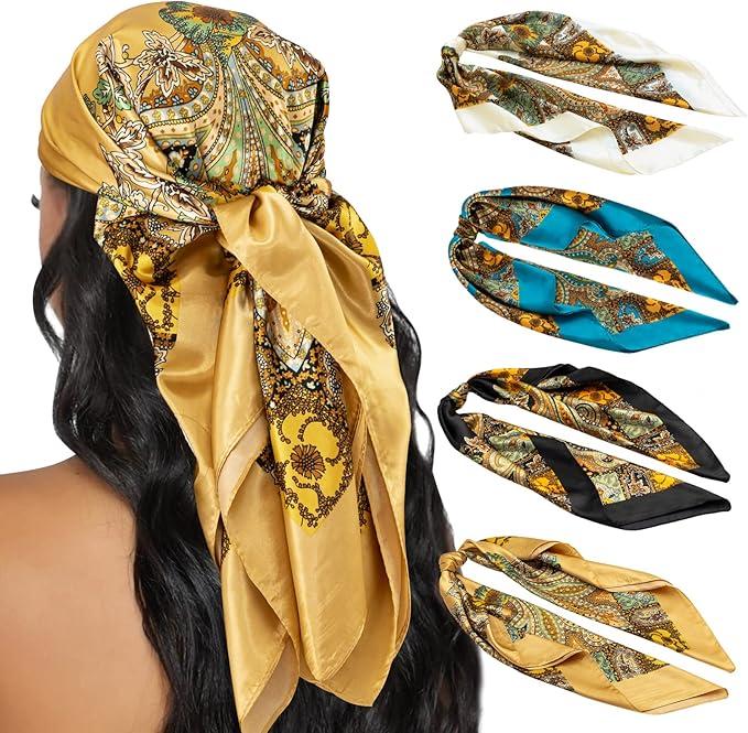 4PCS Head Scarf for Women 35” Head Scarves Silk Like Satin Neck Scarfs Square Bandana Hair Wraps Scarf