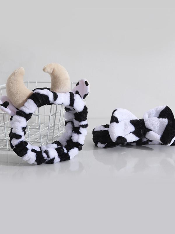 Cute Cow Print Plush Hair Band, High Stretch Cute Cow Horns Decor Hair Band for Women and Girls, 2024 Trendy Kawaii Hair Accessory for Face Washing & Makeup, Skin Care, Shower, Spa