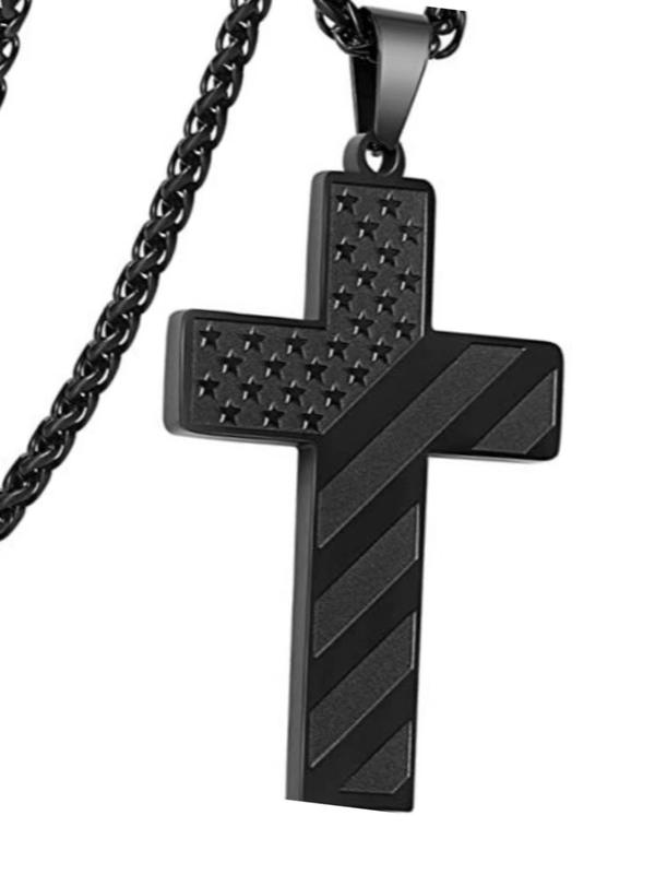 Men's Cross Charm Pendant Necklace, Hip Hop Punk Stainless Steel Vintage Jewelry, Trendy All-match Flag & Letter Detail Streetwear Accessories