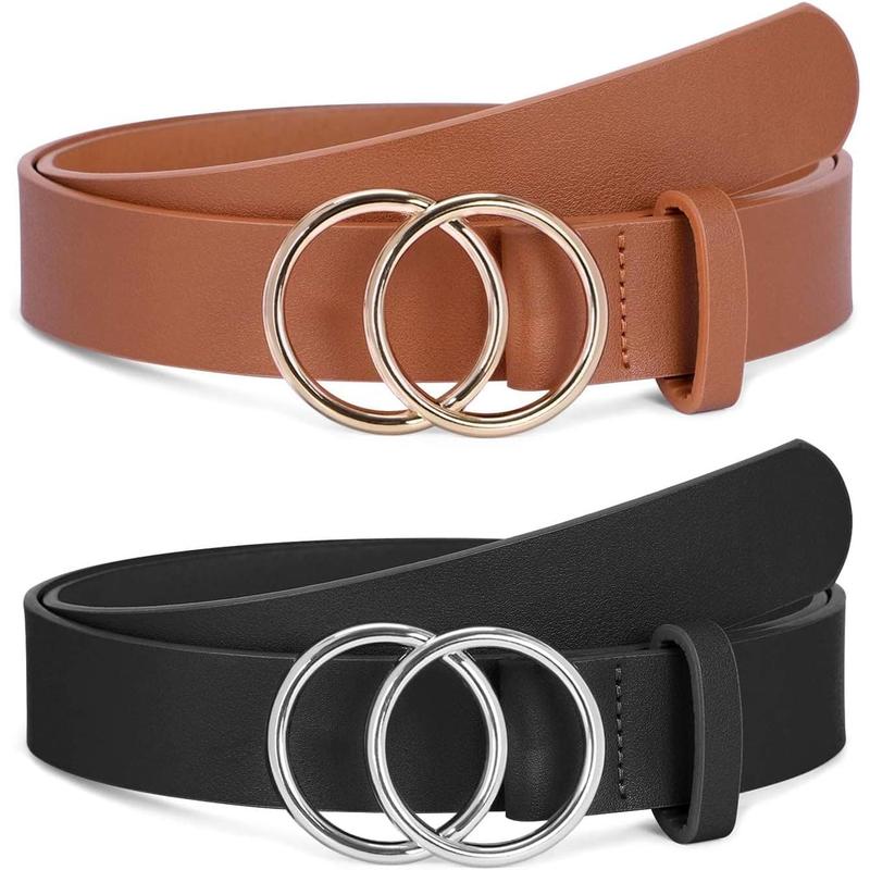 2 Pack Women Leather Belts Faux Leather Jeans Belt with Double O Ring Buckle