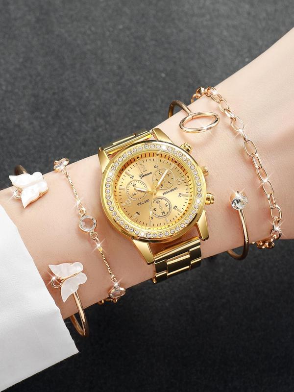 Women's Elegant Rhinestone Decorated Analog Quartz Watch & Butterfly & Chain Bracelet, Fashionable Trendy Watch Set for Women & Girls for Gift without Box