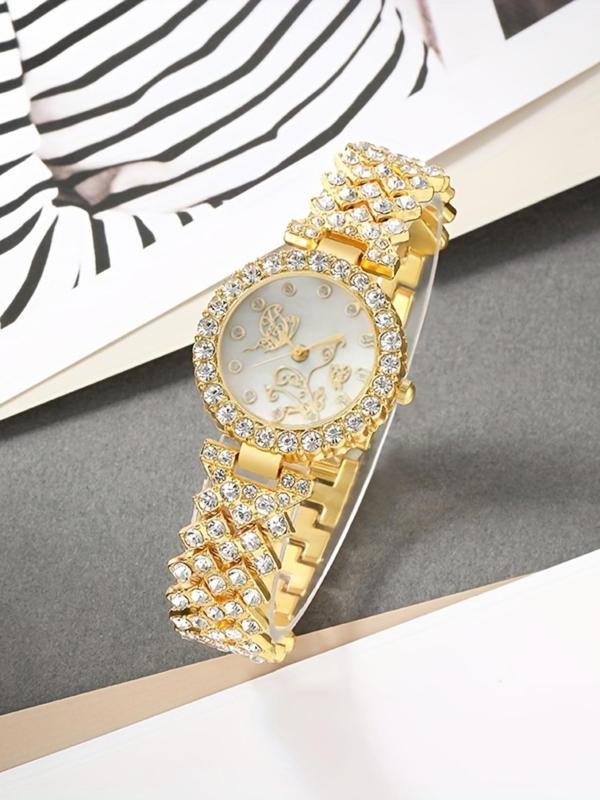 Women's Elegant Rhinestone Decorated Quartz Watch Set, Fashionable Round Dial Analog Watch for Women & Girls, Trendy All-match Watch for Birthday Gift, without Box