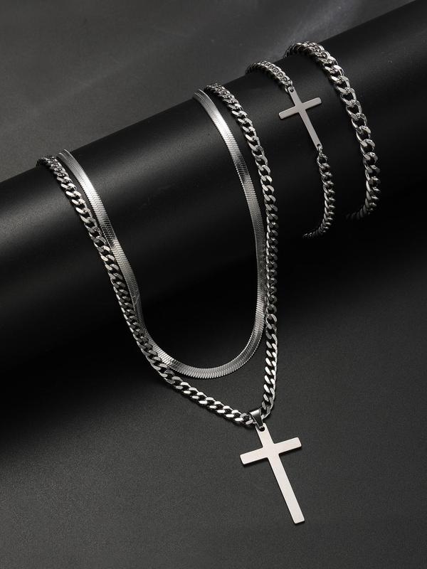 Men's Business Style Cross Pendant Necklace & Chain Bracelet & Adjustable Strap Bracelet, Trendy Exquisite Jewelry Set for Men