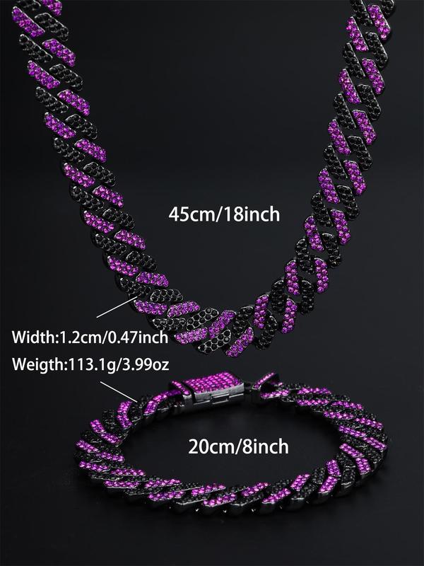 Unisex Punk Style Rhinestone Decor Cuban Chain Necklace & Bracelet, Exquisite Trendy Y2k Chunky Chain Necklace & Matching Bracelet