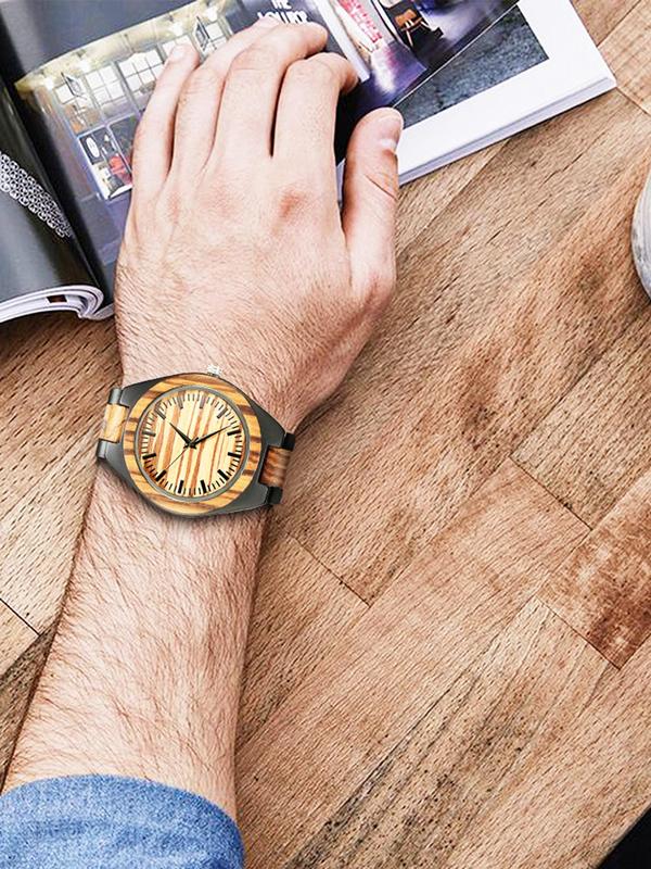 Men's Vintage Wooden Watch, Retro Style Round Dial Quartz Watch for Men, Trendy All-match & Exquisite Watch for Birthday Gift with Box