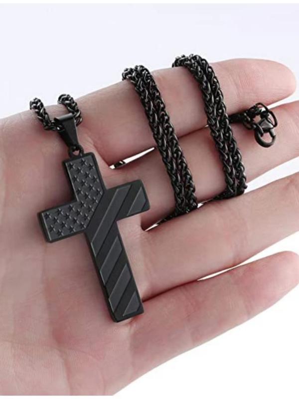 Men's Cross Charm Pendant Necklace, Hip Hop Punk Stainless Steel Vintage Jewelry, Trendy All-match Flag & Letter Detail Streetwear Accessories