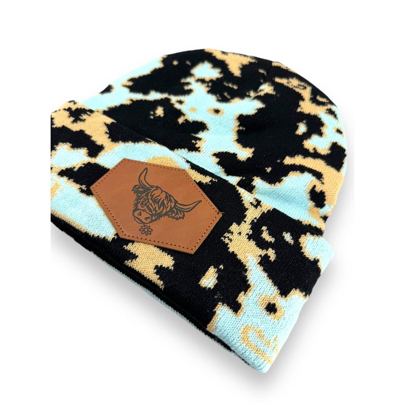 Blue Highland Cow Print Beanie