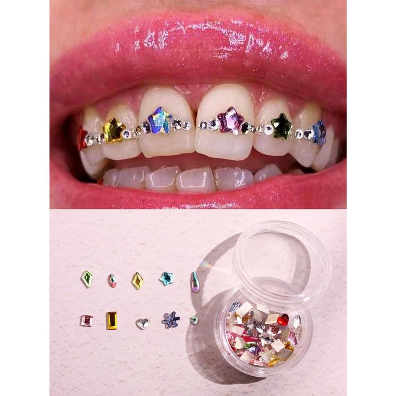 50Pcs Box Y2k Style Fashionable 10 Shapes Tooth Gem Face & Nail Decoration Heart And Butterfly Shaped DIY Tooth Jewelry Set (Without Glue)