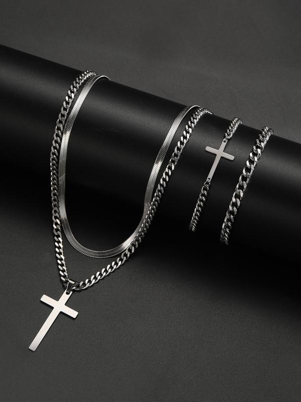 Men's Business Style Cross Pendant Necklace & Chain Bracelet & Adjustable Strap Bracelet, Trendy Exquisite Jewelry Set for Men