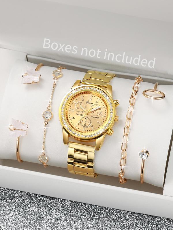 Women's Elegant Rhinestone Decorated Analog Quartz Watch & Butterfly & Chain Bracelet, Fashionable Trendy Watch Set for Women & Girls for Gift without Box