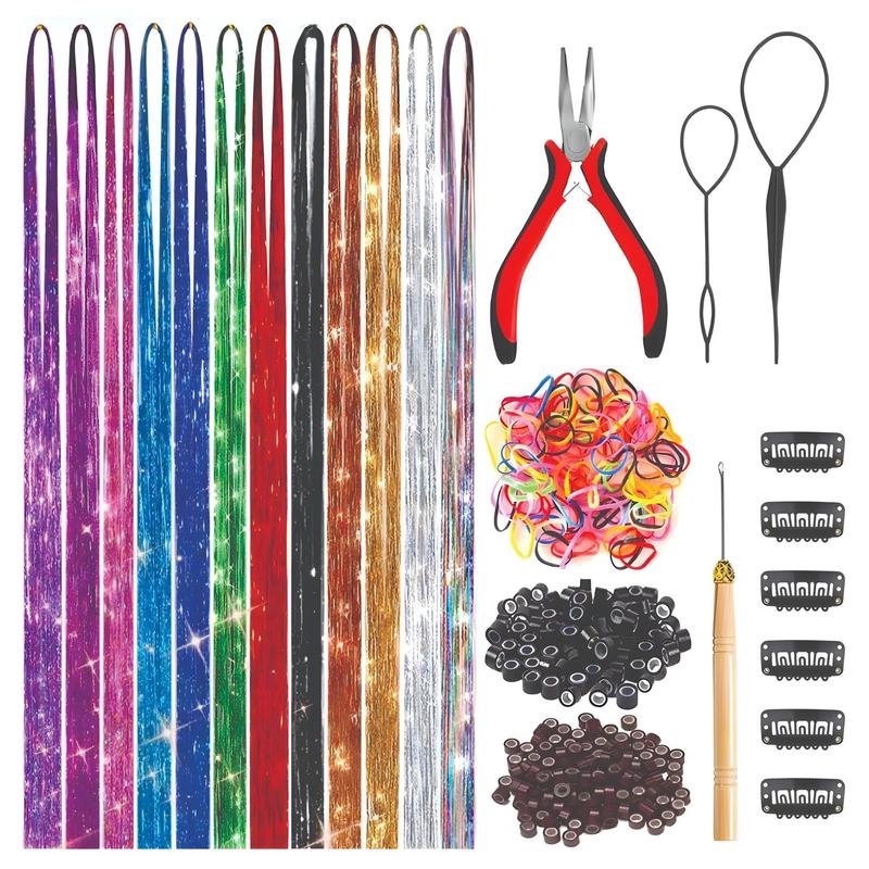 Hair Tinsel Kit 12 Colors With Tools, Sparkling Glitter Fairy Hair Tinsel Extensions, 2800 Strands, Unisex Hairstyle Enthusiasts