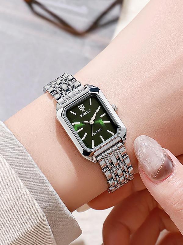 Women's Elegant Rectangle Dial Quartz Watch, Fashionable Stainless Steel Strap Wristwatch for Women & Girls, Trendy All-match Watch for Birthday Gift