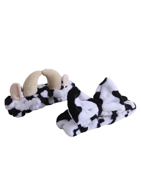 Cute Cow Print Plush Hair Band, High Stretch Cute Cow Horns Decor Hair Band for Women and Girls, 2024 Trendy Kawaii Hair Accessory for Face Washing & Makeup, Skin Care, Shower, Spa