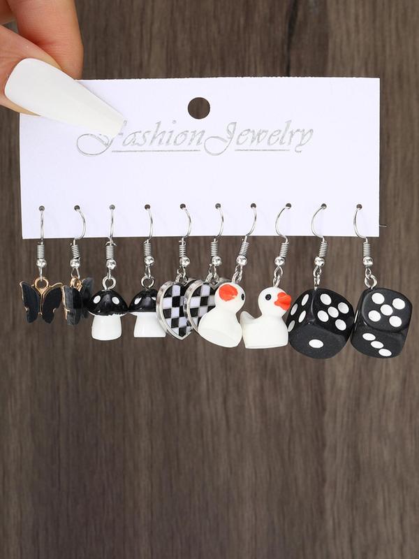 5 Pairs Cute Cartoon Dangle Earrings, Heart & Butterfly & Duck & Dice & Checkerboard Shaped Earrings for Women & Girls, Elegant All-match Fashion Accessories for Daily Wear