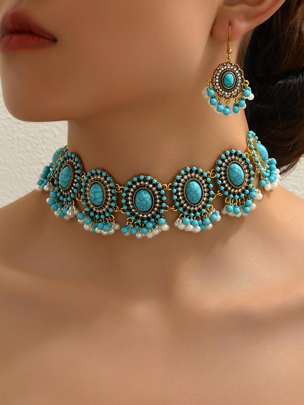 Boho Style Turquoise Beads Decor Necklace & Dangle Earrings, Vintage Trendy Jewelry Set, Fashion Accessories for Women & Girls