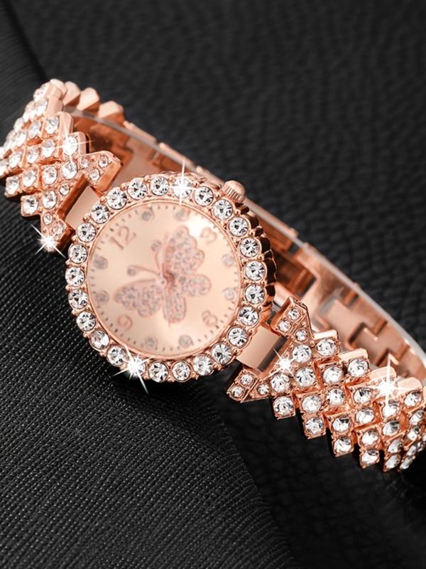 Women's Elegant Rhinestone Decorated Quartz Watch Set, Fashionable Round Dial Analog Watch for Women & Girls, Trendy All-match Watch for Birthday Gift, without Box