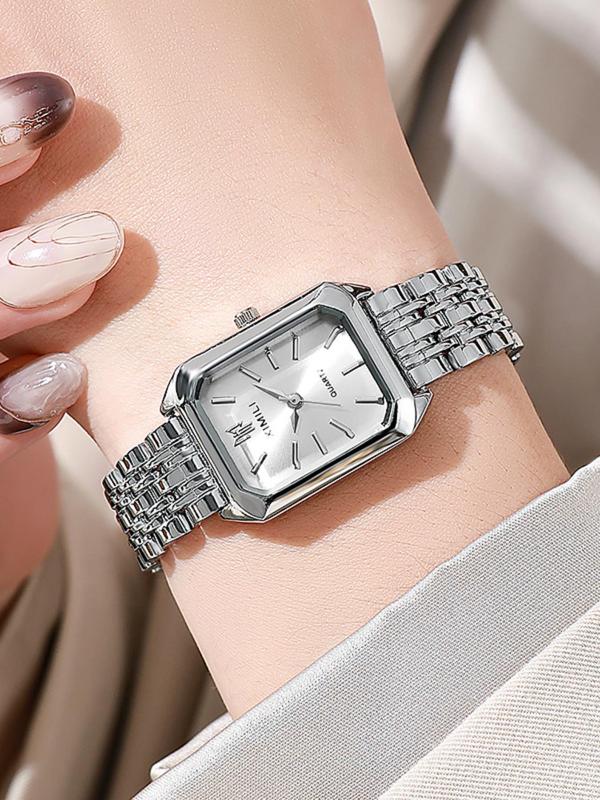 Women's Elegant Rectangle Dial Quartz Watch, Fashionable Stainless Steel Strap Wristwatch for Women & Girls, Trendy All-match Watch for Birthday Gift