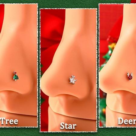 Oufer 20G 3PCS AAA+ Grade  L-Shaped Christmas Rudolph Star Tree Nostril Nose Piercing Studs Pack