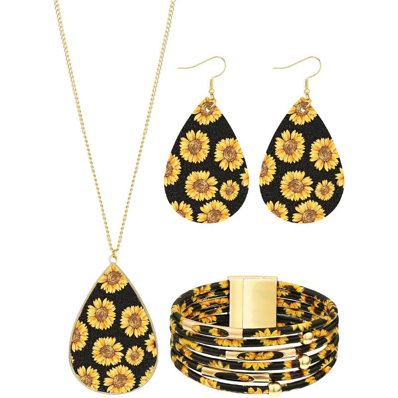 3 count Sunflower Print  Set Sunflower Multi-Layer Bracelets Faux Leather Dangle Earrings Necklace for Women