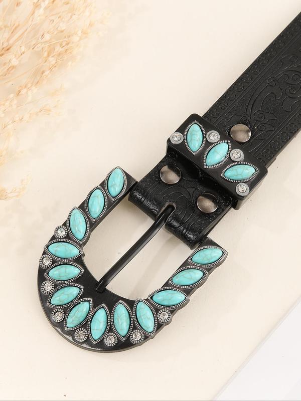 Women's Vintage Turquoise Texture Decorated PU Buckle Belt, Boho Style Rhinestone Decorated Belt for Jeans, Fashion Belt for Party, Daily Clothing Decor