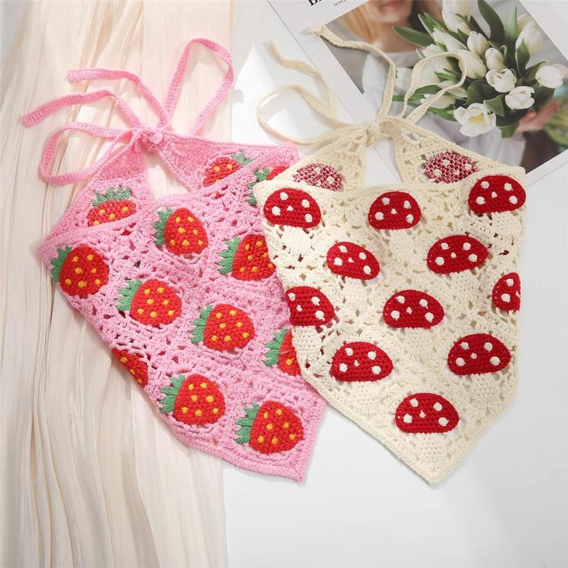 2-piece set Crochet Bandana Head Kerchief Hair Scarf Knitted Hair Scarves Tie Strawberry Mushroom Headwrap Headband Gift for Women And Girl