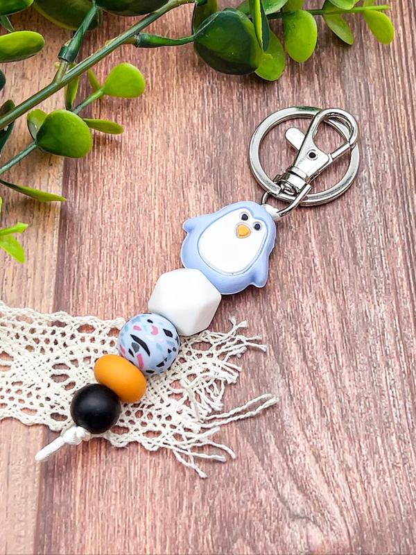 Cute Penguin Design Beaded Decor Keychain, Colorblock Animal Design Keychain for Women & Men, Novelty Key Ring for Bag & Car Key