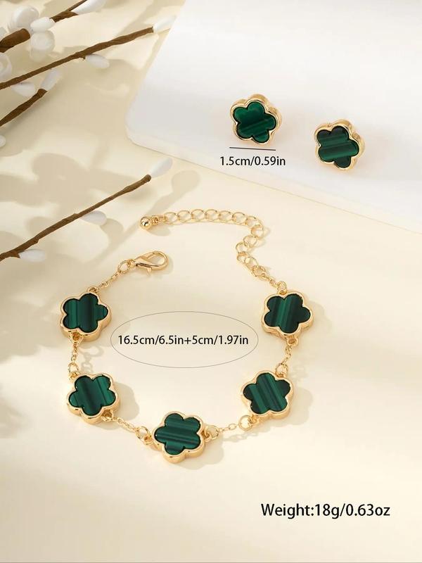 Lucky Five-leaf Clover Embellished Bracelet and Stud Earring Set, Fashion Jewelry for Women, Casual Jewelry for Party, Daily Decor, Trendy Jewelry for Gift