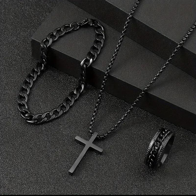 Men's Black Samurai Set Rotating Ring US Size 9   Black Cuban Bracelet 8.27 Inches   23.6 Inches ，Simple Cross Necklace - Ideal Gift for Him on Birthdays, Anniversaries, and Special Occasions	K118