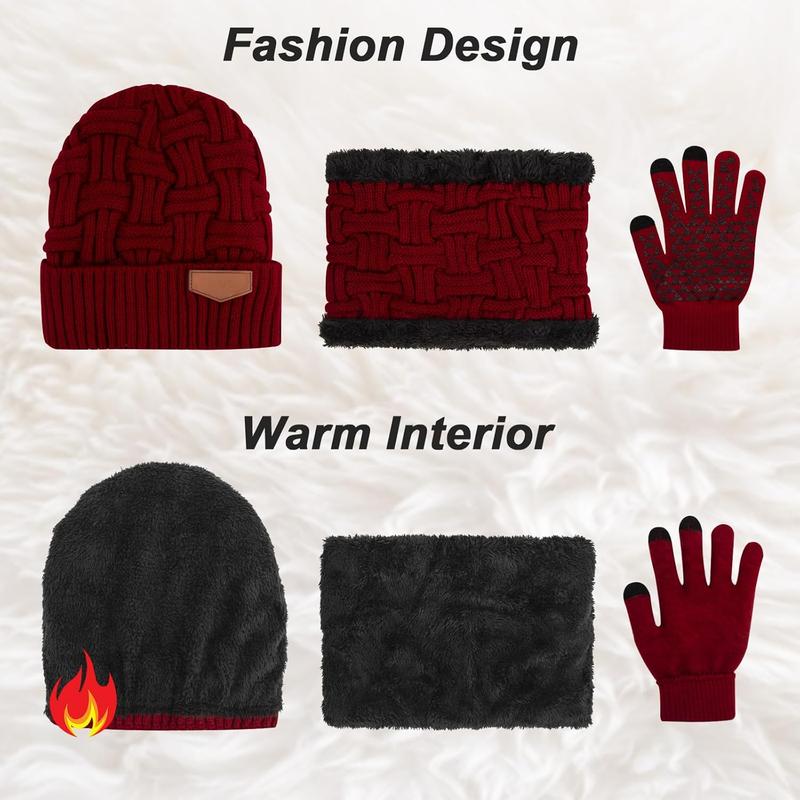 3-Pieces Winter Beanie Hat Scarf and Touch Screen Gloves Set Warm Knit Skull Cap for Men Women