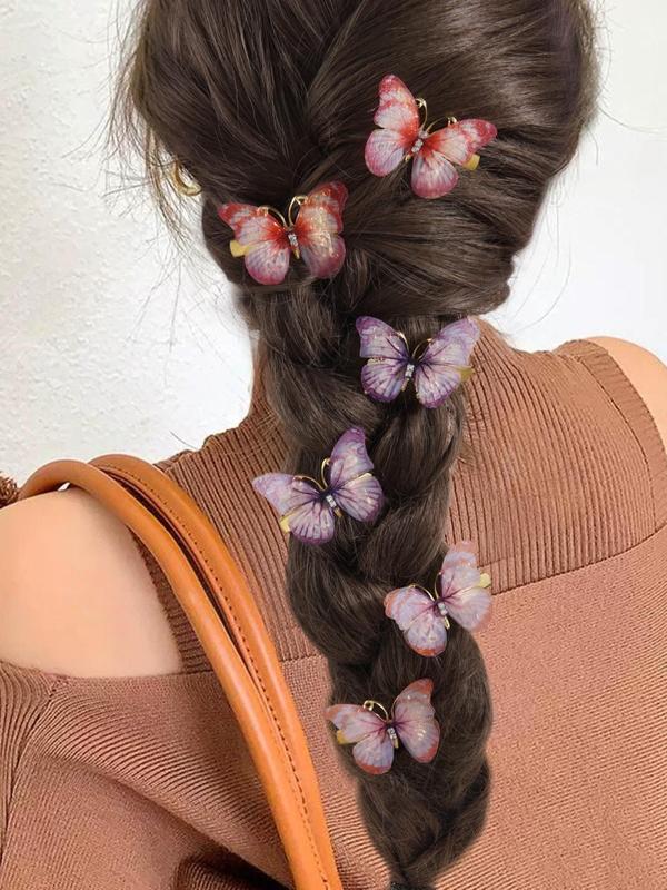 6pcs set Cute Butterfly Design Hair Clips, Ombre Hair Clips, Tulle Series Hair Clips, Retro Fashion Alloy Hair Accessories for Women and Girls