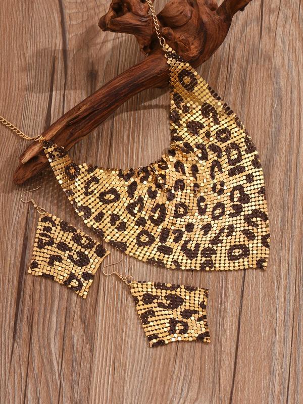 Fashion Leopard Print Bib Necklace & Dangle Earrings, 3pcs Vintage Elegant Versatile Jewelry Sets for Women & Teen Girls for Banquet, Daily Decoration, Summer Vacation Beach Party Music Festivals