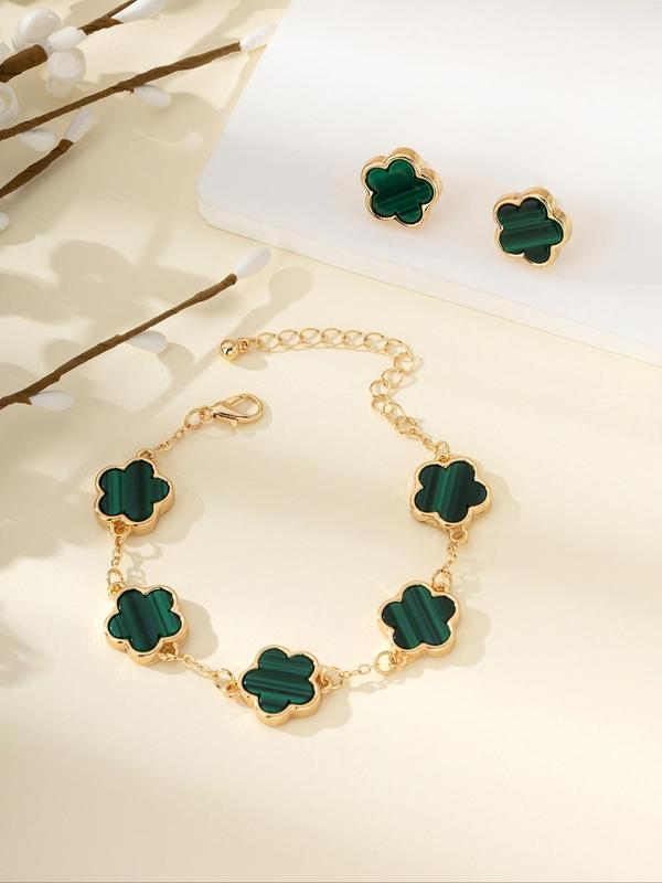 Lucky Five-leaf Clover Embellished Bracelet and Stud Earring Set, Fashion Jewelry for Women, Casual Jewelry for Party, Daily Decor, Trendy Jewelry for Gift