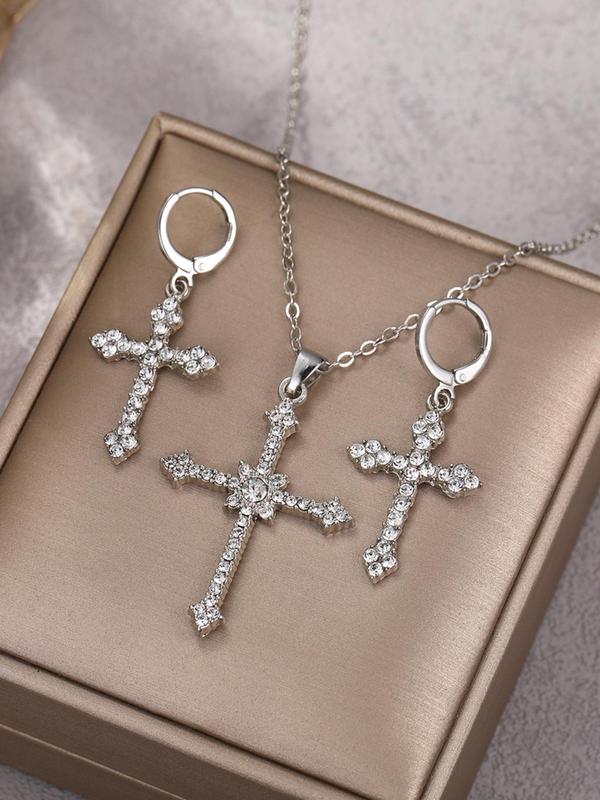 3pcs set Women's Rhinestones Decorated Pendant Necklace & Dangle Earrings with Cross Design, Elegant Exquisite Jewelry Set For Party Decoration As Gift Without Box