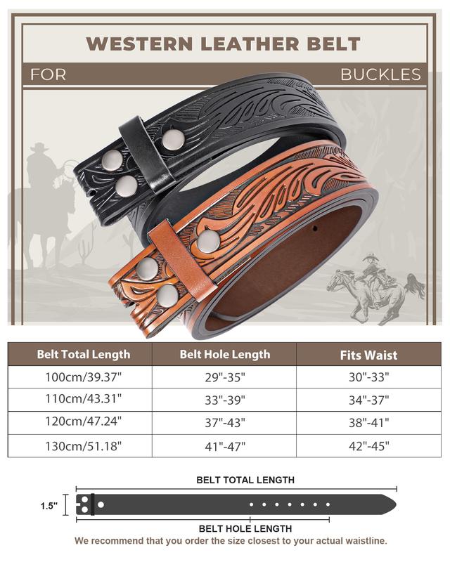 2 Pack Western Leather Belt Strap for Men Women without Buckle Cowboy Cowgirl Tooled Leather Engraved Belt Strap