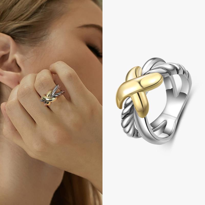 Mytys Two-Tone Gold Plated Cross Rings for Women, Fashion Statement Ring X Knot Band Chunky Twisted Cable Wire Ring Jewelry Gifts for Her