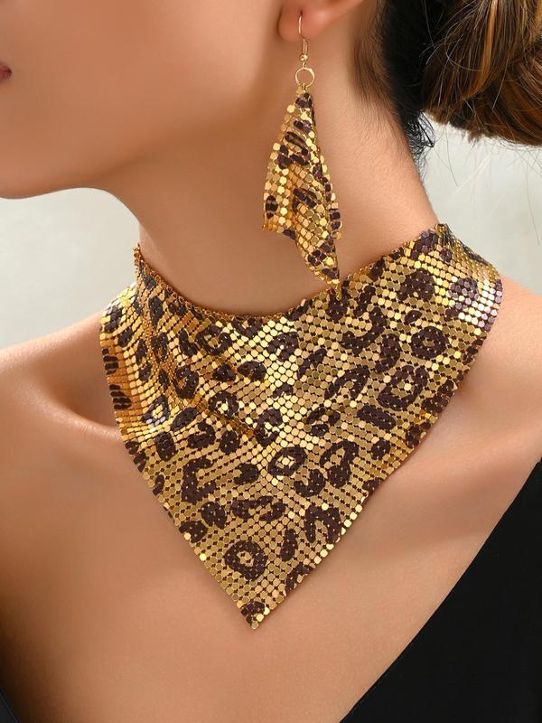 Fashion Leopard Print Bib Necklace & Dangle Earrings, 3pcs Vintage Elegant Versatile Jewelry Sets for Women & Teen Girls for Banquet, Daily Decoration, Summer Vacation Beach Party Music Festivals