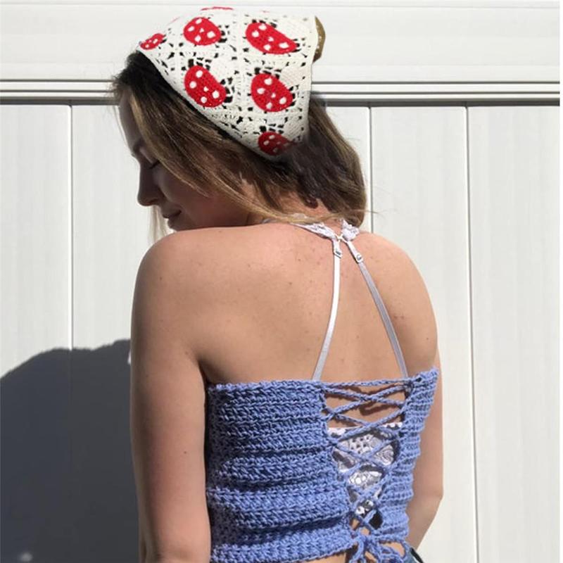 2-piece set Crochet Bandana Head Kerchief Hair Scarf Knitted Hair Scarves Tie Strawberry Mushroom Headwrap Headband Gift for Women And Girl