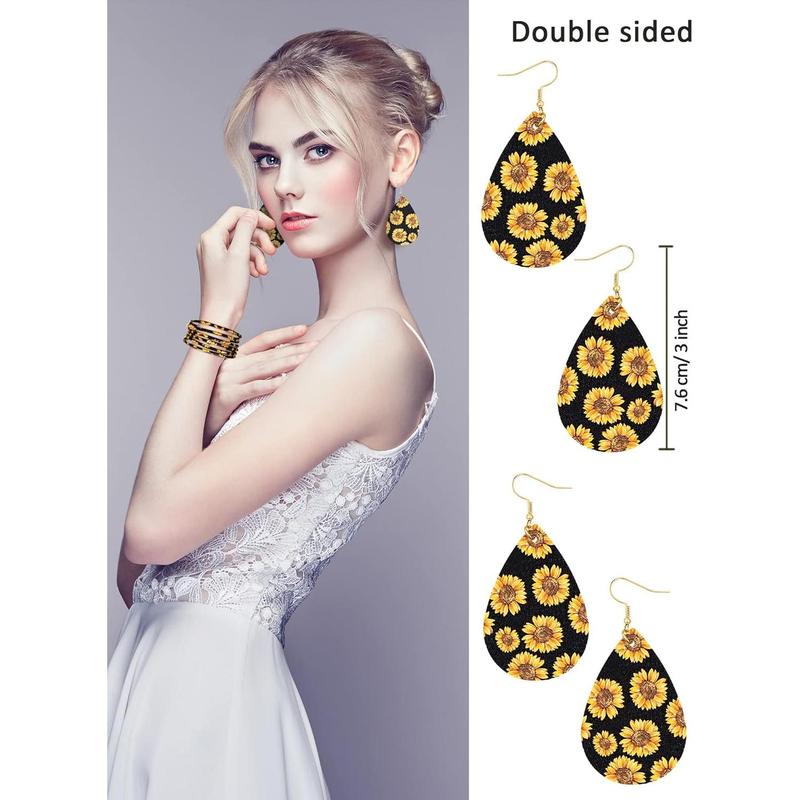 3 count Sunflower Print  Set Sunflower Multi-Layer Bracelets Faux Leather Dangle Earrings Necklace for Women