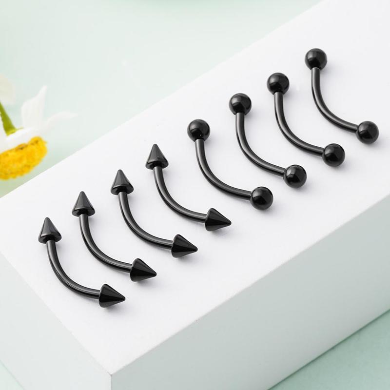 Oufer 16G 10MM 8PCS Black Balls and Spikes Rook Eyebrow Ring Curved Barbell