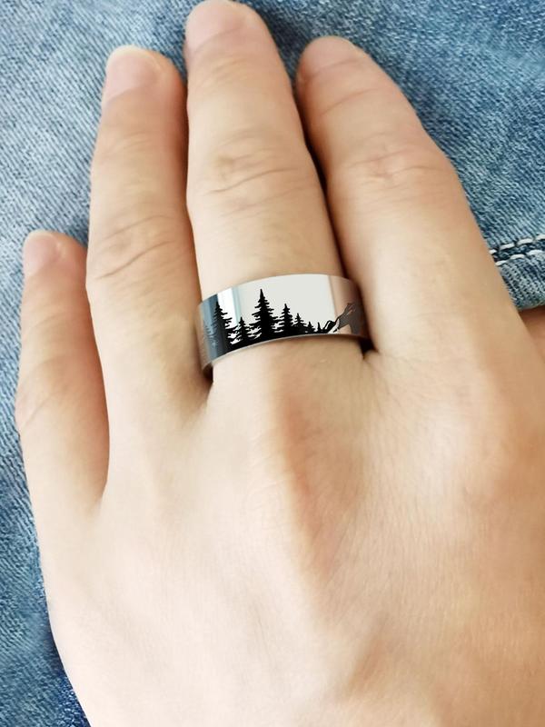 Mountain & Snow Mountain Landscape Pattern Ring, Stainless Steel Ring for Men & Women, Fashion Matching Jewelry for Outdoor Activities