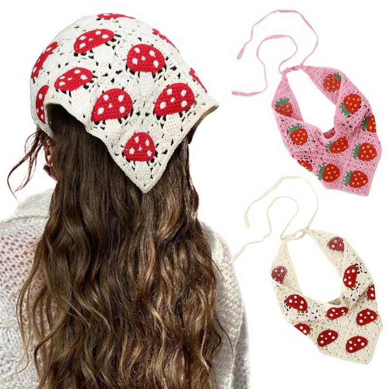 2-piece set Crochet Bandana Head Kerchief Hair Scarf Knitted Hair Scarves Tie Strawberry Mushroom Headwrap Headband Gift for Women And Girl