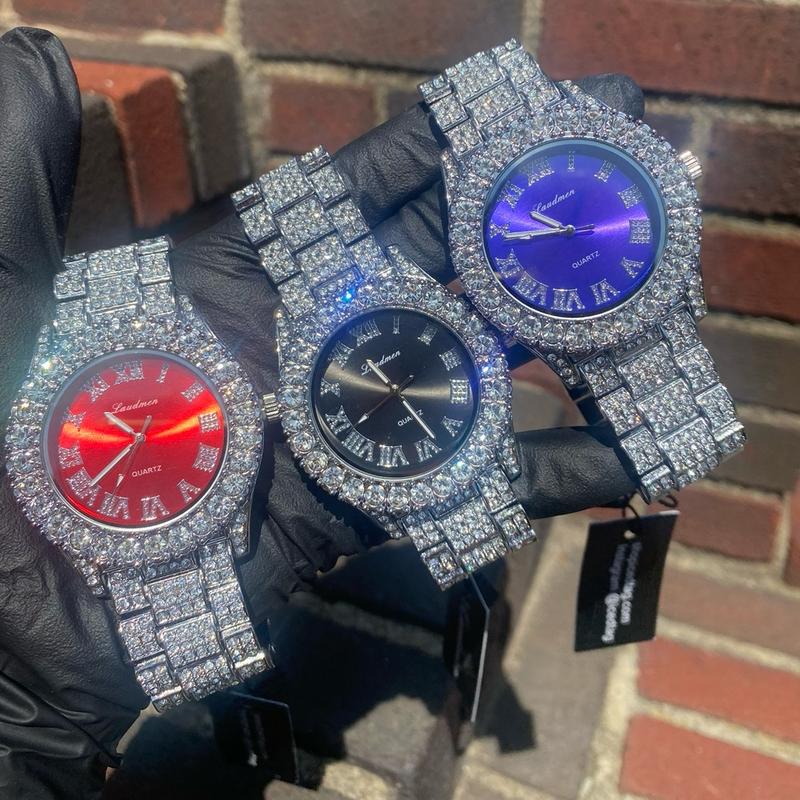 Iced Bling Out Red Blue Silver PT Hip Hop Watch Analog Luxury