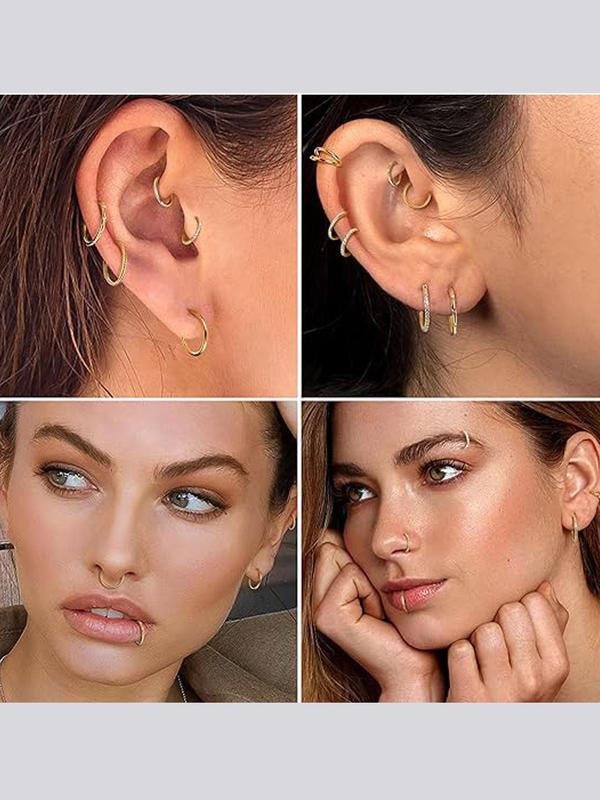 Stainless Steel Nose Ring Set, Fashionable Nose Rings for Women & Men, Rhinestone Decor Cartilage Earrings, Body Jewelry for Party, Daily Decor, Exquisite Piercing Jewelry for Birthday Gift