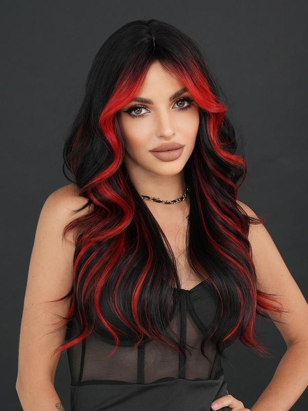 26 Inch Piano & Balayage Color Long Body Wavy Wigs for Women, Natural Looking Gorgeous Fluffy Wigs with Curtain Bangs, Natural Looking Synthetic Full Machine Wigs for Party, Daily Use,  Cheap and Affordable Wigs