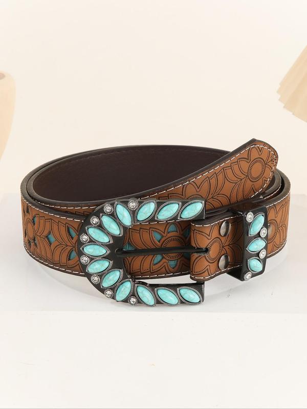 Women's Vintage Turquoise Texture Decorated PU Buckle Belt, Boho Style Rhinestone Decorated Belt for Jeans, Fashion Belt for Party, Daily Clothing Decor