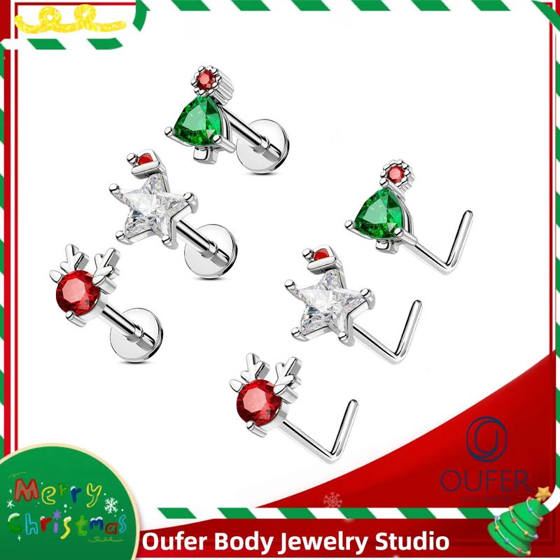 Oufer 20G 3PCS AAA+ Grade  L-Shaped Christmas Rudolph Star Tree Nostril Nose Piercing Studs Pack