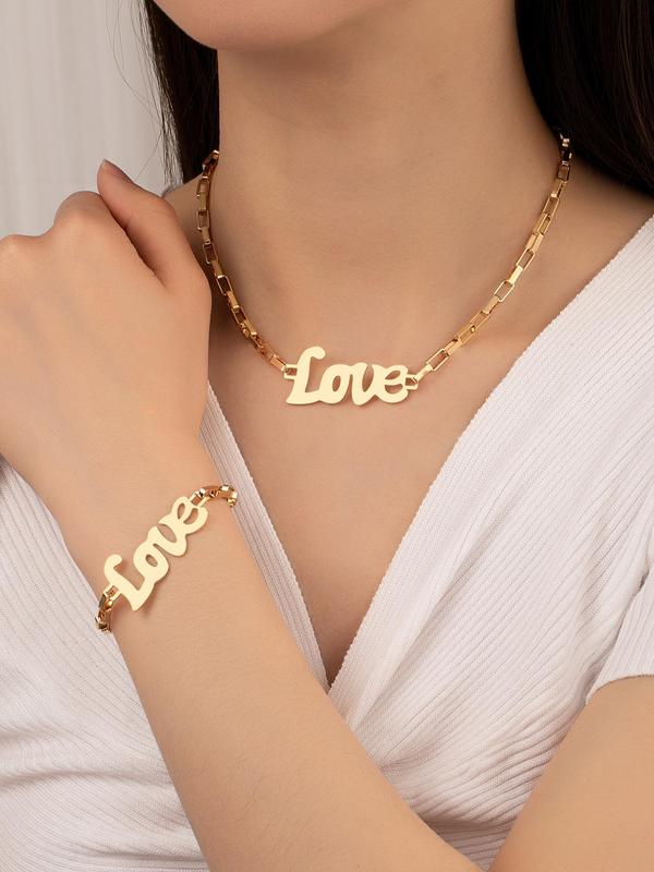 Hollow out Love Letter Charm Jewelry Set, 2pcs set Personalized Creative Alloy Pendant Necklace & Bracelet Kit, New Trendy Accessories for Women and Men, Minimalist Outfit Accessories